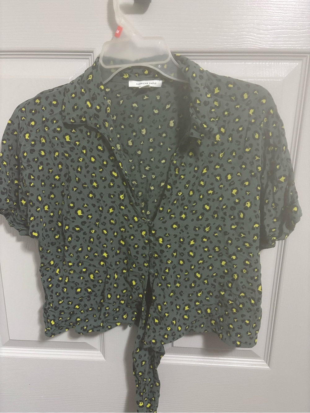 American Eagle Olive Green Leopard Print Top with Yellow Accents